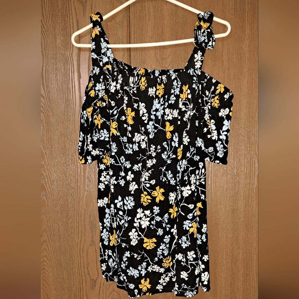 Lane Bryant Black Blouse with Yellow and Blue Floral Pattern